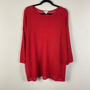 J Jill Sweater Linen Blend Knit Size XL Red  3/4 Sleeves Open Knit Tunic